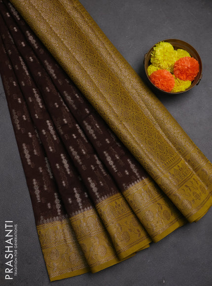 Semi chiniya silk saree coffee brown and dark mustard with allover thread & zari woven buttas and woven border