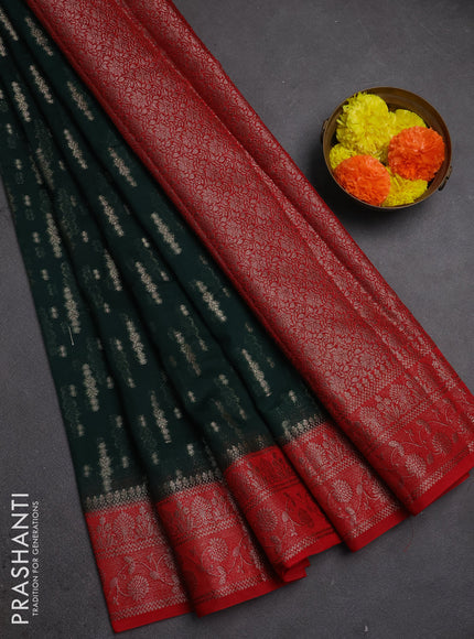 Semi chiniya silk saree bottle green and red with allover thread & zari woven buttas and woven border