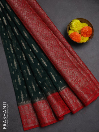 Semi chiniya silk saree bottle green and red with allover thread & zari woven buttas and woven border