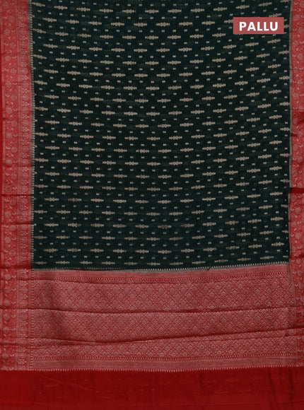 Semi chiniya silk saree bottle green and red with allover thread & zari woven buttas and woven border