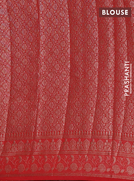 Semi chiniya silk saree bottle green and red with allover thread & zari woven buttas and woven border