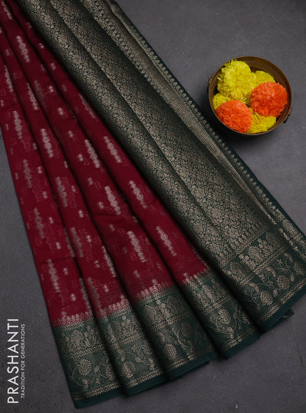 Semi chiniya silk saree wine shade and bottle green with allover thread & zari woven buttas and woven border