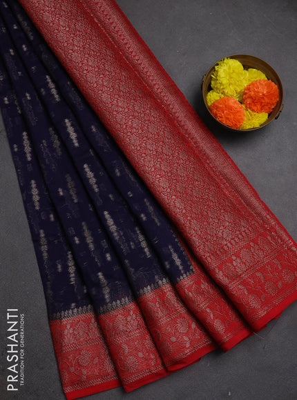 Semi chiniya silk saree navy blue and red with allover thread & zari woven buttas and woven border