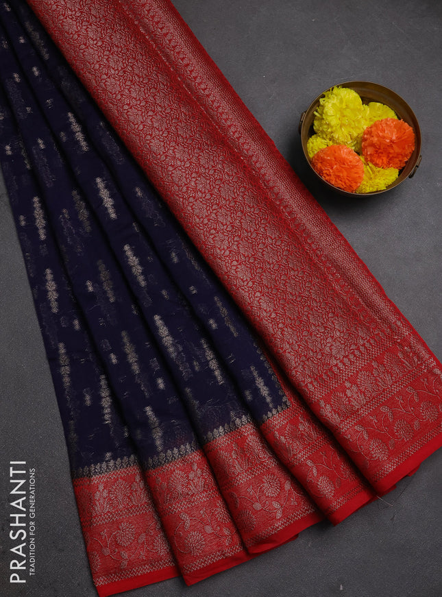Semi chiniya silk saree navy blue and red with allover thread & zari woven buttas and woven border