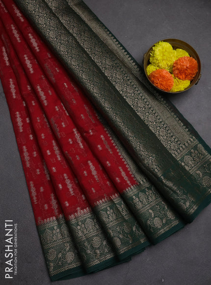 Semi chiniya silk saree red and dark green with allover thread & zari woven buttas and woven border