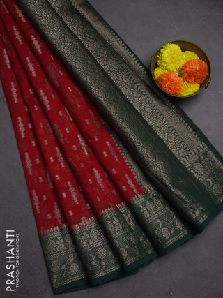Semi chiniya silk saree red and dark green with allover thread & zari woven buttas and woven border