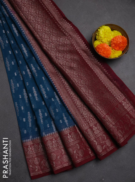 Semi chiniya silk saree peacock blue and wine shade with allover thread & zari woven buttas and woven border