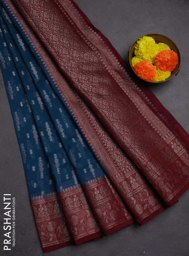 Semi chiniya silk saree peacock blue and wine shade with allover thread & zari woven buttas and woven border