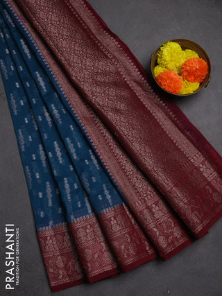 Semi chiniya silk saree peacock blue and wine shade with allover thread & zari woven buttas and woven border