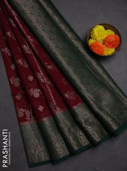 Semi chiniya silk saree deep maroon and bottle green with allover thread & zari weaves and woven border