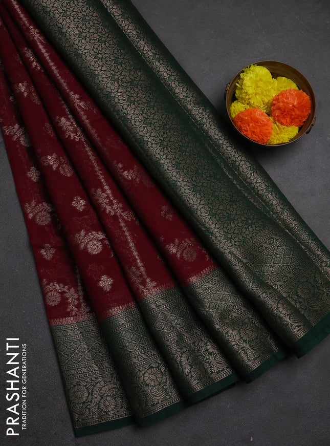 Semi chiniya silk saree deep maroon and bottle green with allover thread & zari weaves and woven border