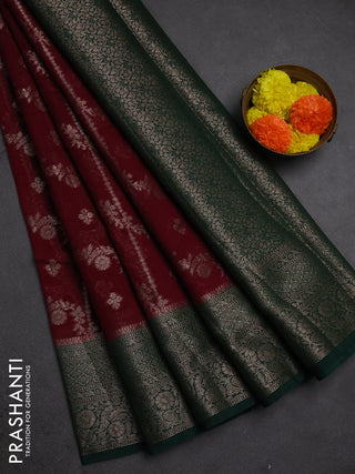 Semi chiniya silk saree deep maroon and bottle green with allover thread & zari weaves and woven border