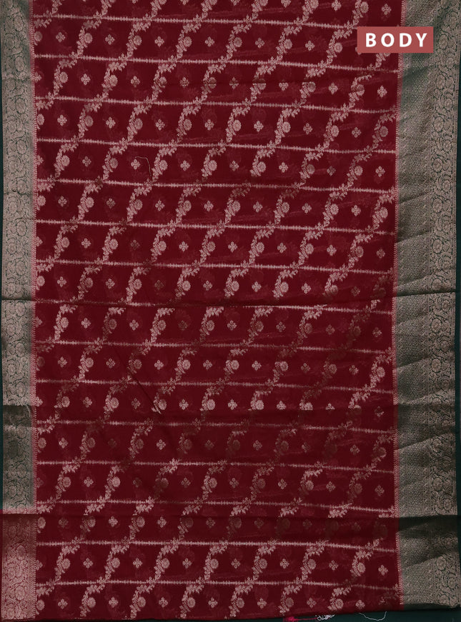 Semi chiniya silk saree deep maroon and bottle green with allover thread & zari weaves and woven border