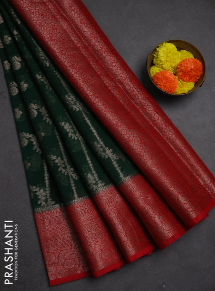Semi chiniya silk saree bottle green and red with allover thread & zari weaves and woven border