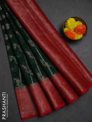 Semi chiniya silk saree bottle green and red with allover thread & zari weaves and woven border