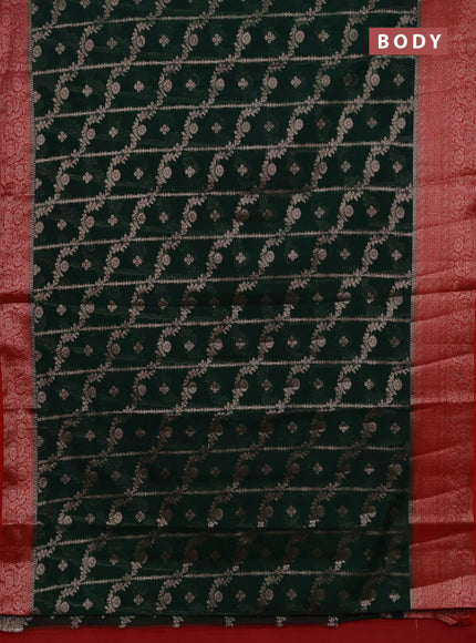 Semi chiniya silk saree bottle green and red with allover thread & zari weaves and woven border