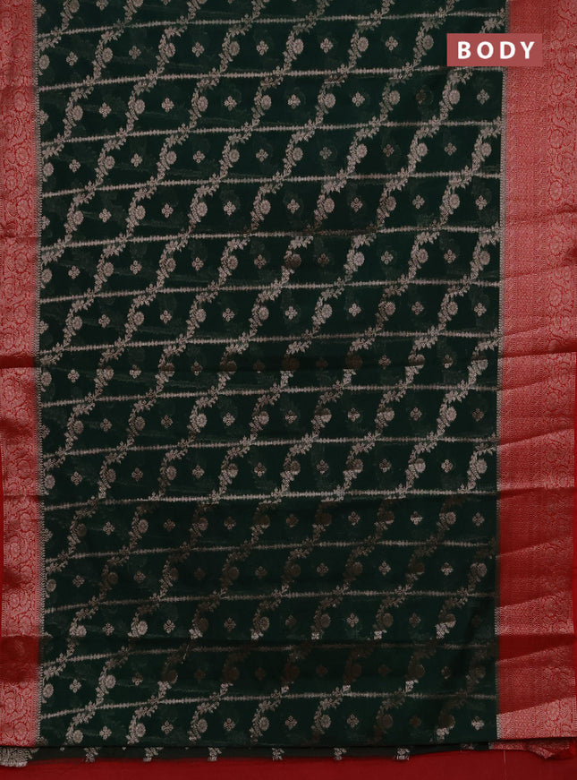 Semi chiniya silk saree bottle green and red with allover thread & zari weaves and woven border