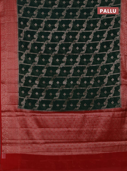 Semi chiniya silk saree bottle green and red with allover thread & zari weaves and woven border