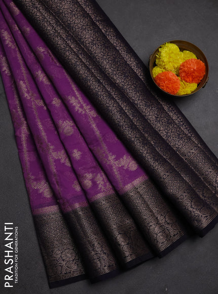 Semi chiniya silk saree lavender shade and navy blue with allover thread & zari weaves and woven border