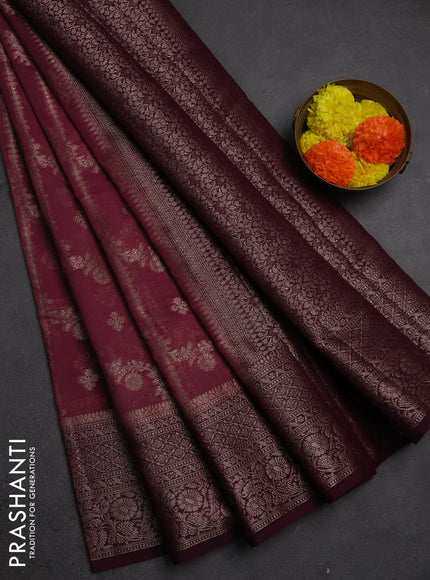 Semi chiniya silk saree mauve pink and deep wine with allover thread & zari weaves and woven border
