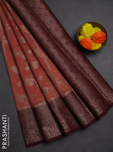 Semi chiniya silk saree dark peach and deep maroon with allover thread & zari weaves and woven border