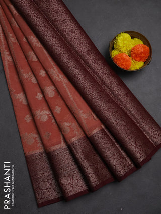 Semi chiniya silk saree dark peach and deep maroon with allover thread & zari weaves and woven border