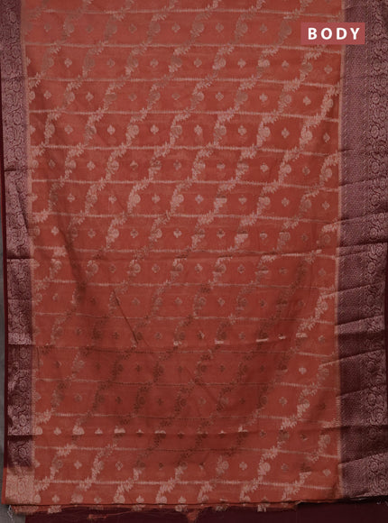 Semi chiniya silk saree dark peach and deep maroon with allover thread & zari weaves and woven border