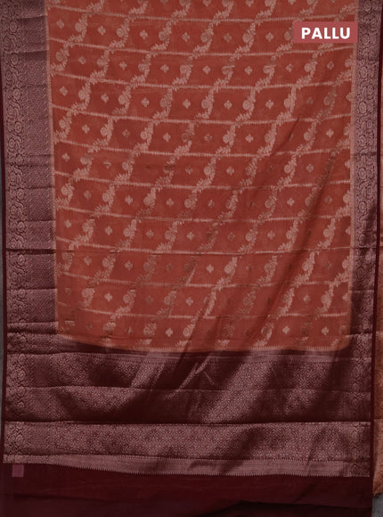 Semi chiniya silk saree dark peach and deep maroon with allover thread & zari weaves and woven border