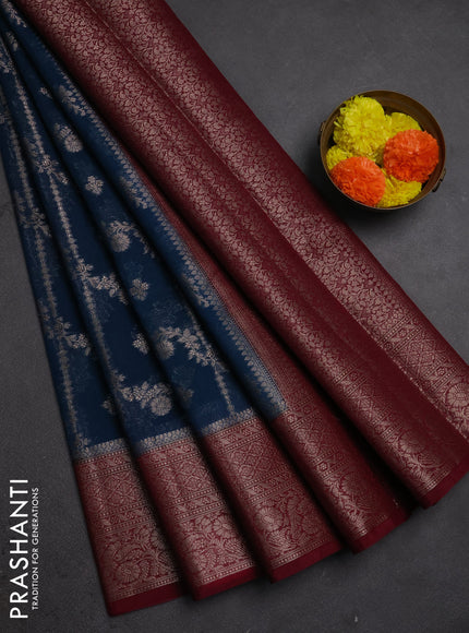 Semi chiniya silk saree peacock blue and wine shade with allover thread & zari weaves and woven border