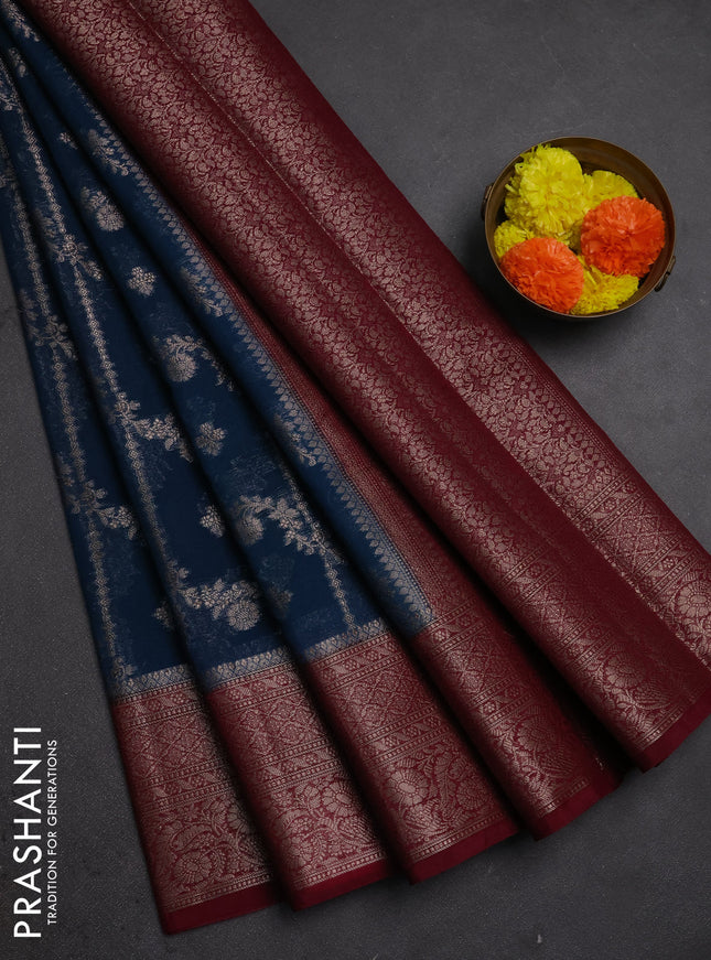 Semi chiniya silk saree peacock blue and wine shade with allover thread & zari weaves and woven border