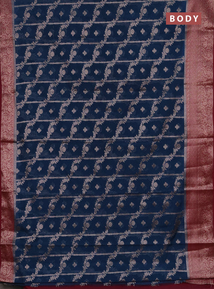 Semi chiniya silk saree peacock blue and wine shade with allover thread & zari weaves and woven border