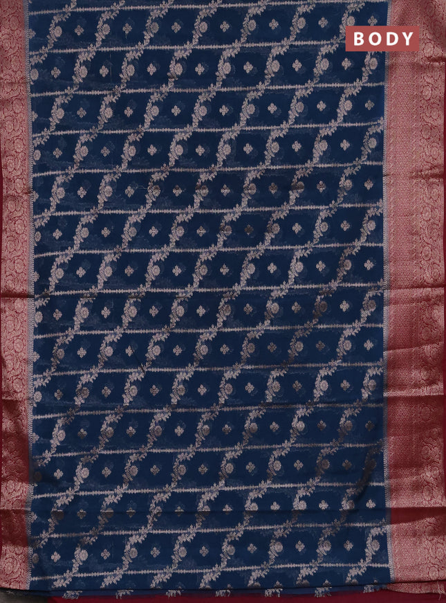 Semi chiniya silk saree peacock blue and wine shade with allover thread & zari weaves and woven border