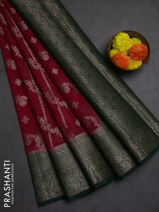 Semi chiniya silk saree pink and bottle green with allover thread & zari weaves and woven border