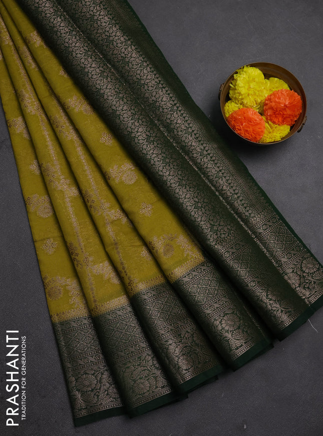 Semi chiniya silk saree mehendi green and bottle green with allover thread & zari weaves and woven border
