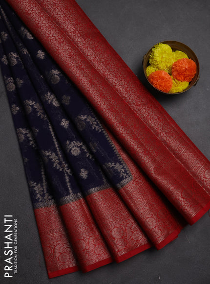 Semi chiniya silk saree navy blue and red with allover thread & zari weaves and woven border