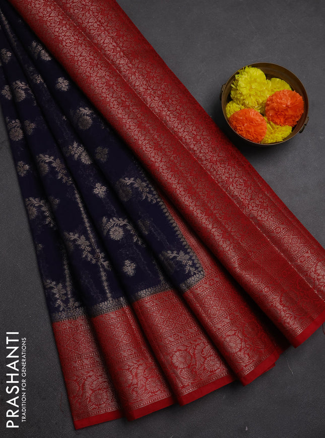 Semi chiniya silk saree navy blue and red with allover thread & zari weaves and woven border