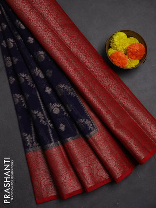 Semi chiniya silk saree navy blue and red with allover thread & zari weaves and woven border