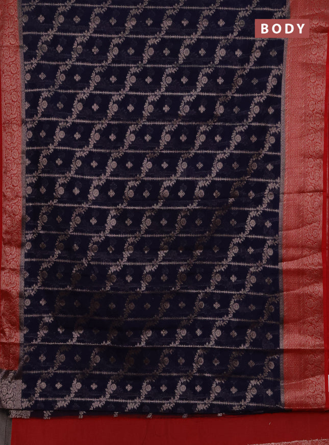 Semi chiniya silk saree navy blue and red with allover thread & zari weaves and woven border
