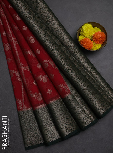 Semi chiniya silk saree red and bottle green with allover thread & zari weaves and woven border