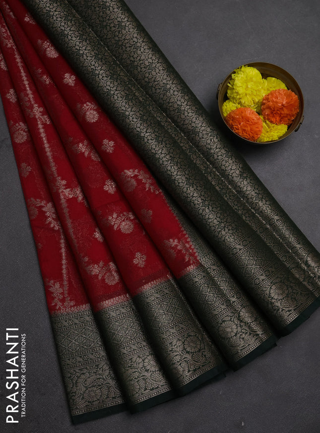 Semi chiniya silk saree red and bottle green with allover thread & zari weaves and woven border