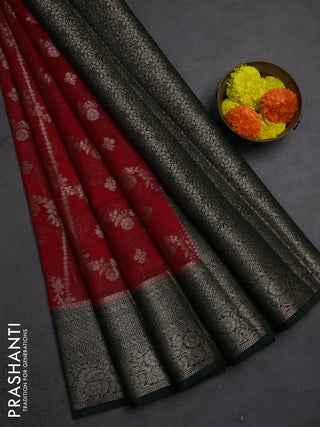 Semi chiniya silk saree red and bottle green with allover thread & zari weaves and woven border