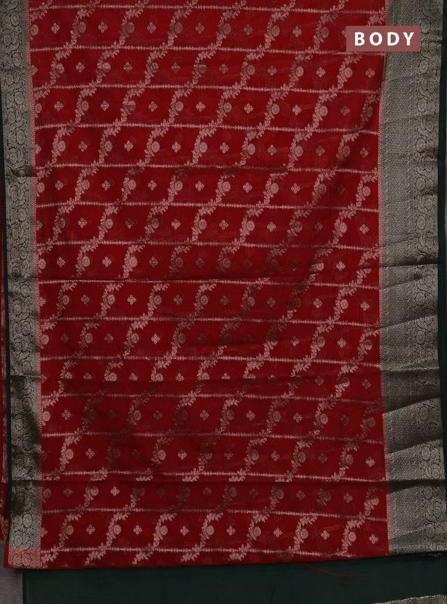Semi chiniya silk saree red and bottle green with allover thread & zari weaves and woven border