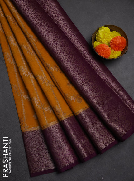 Semi chiniya silk saree mustard yellow and purple with allover thread & zari weaves and woven border
