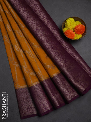 Semi chiniya silk saree mustard yellow and purple with allover thread & zari weaves and woven border