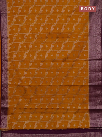 Semi chiniya silk saree mustard yellow and purple with allover thread & zari weaves and woven border