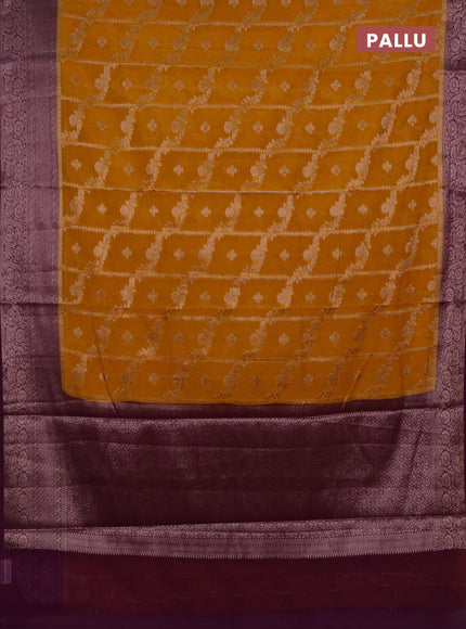 Semi chiniya silk saree mustard yellow and purple with allover thread & zari weaves and woven border