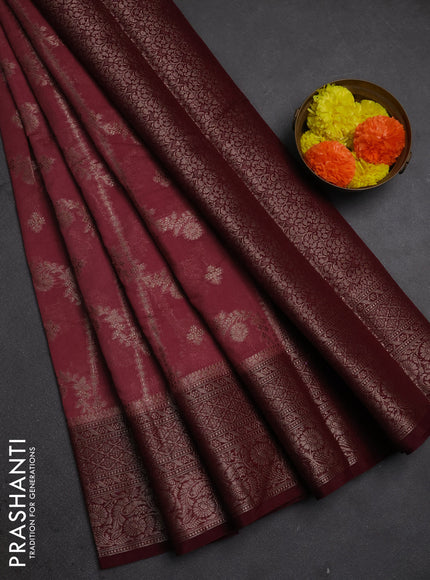 Semi chiniya silk saree dark peach and maroon with allover thread & zari weaves and woven border