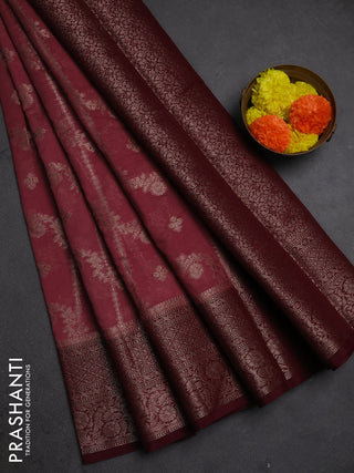 Semi chiniya silk saree dark peach and maroon with allover thread & zari weaves and woven border