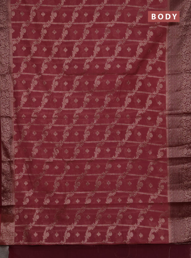 Semi chiniya silk saree dark peach and maroon with allover thread & zari weaves and woven border