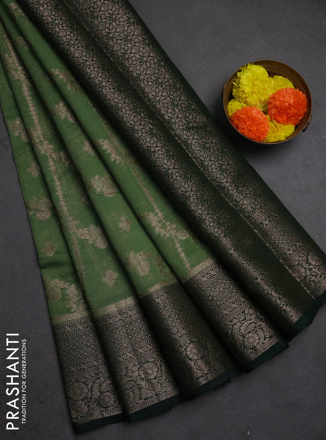 Semi chiniya silk saree pastel green and bottle green with allover thread & zari weaves and woven border